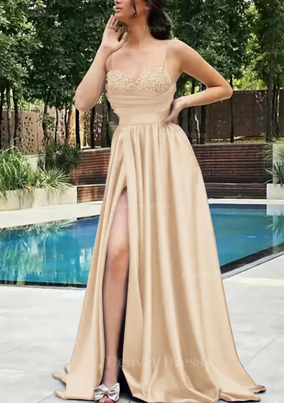 A-line V Neck Spaghetti Straps Sweep Train Satin Prom Dress With Appliqued Beading Pleated Split