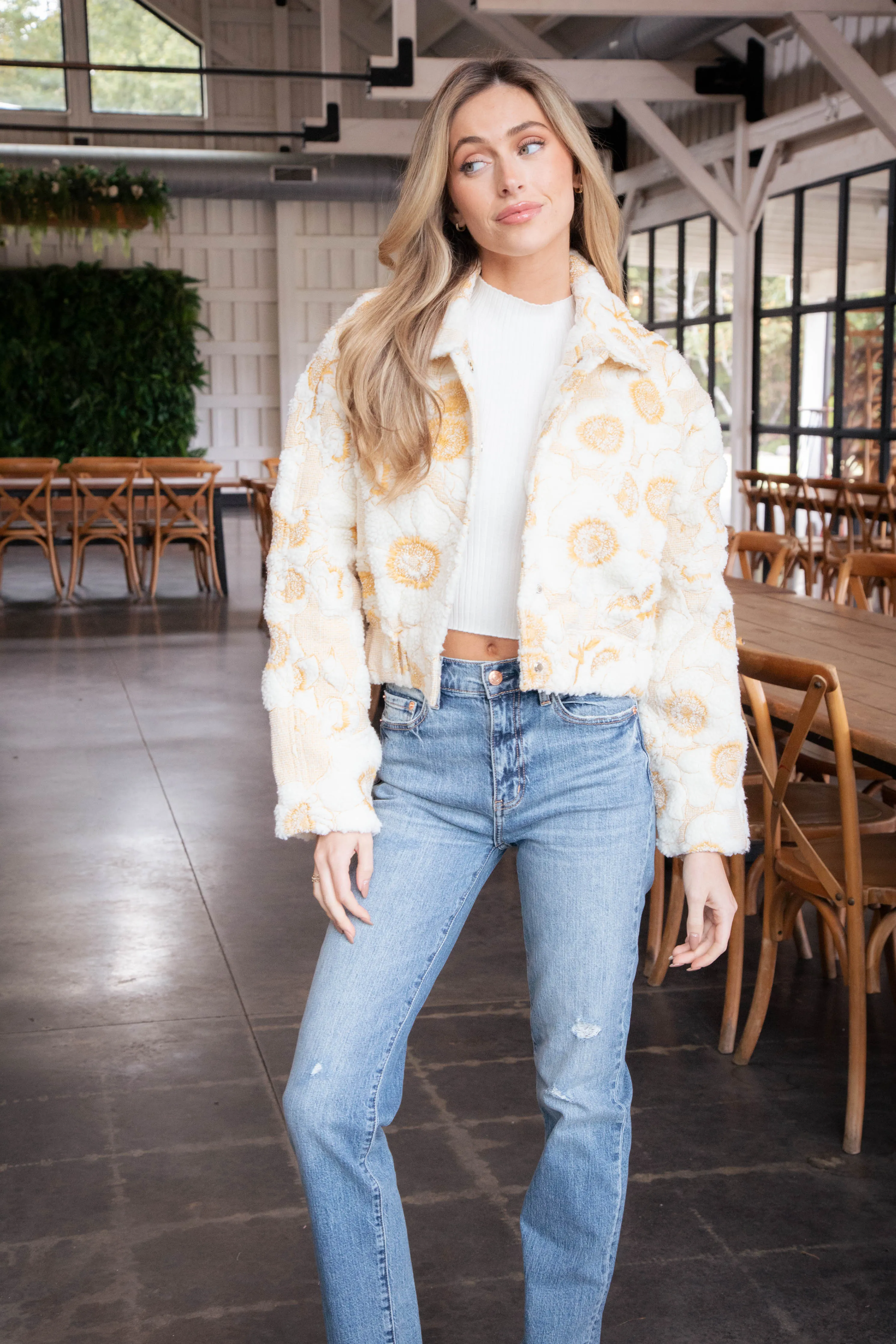 Abigale Sherpa Floral Jacket, Cream/Mustard