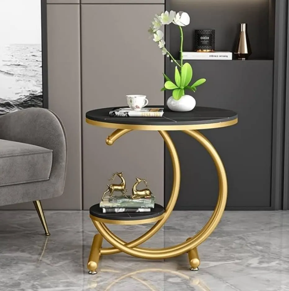 Abroshine Arts Coffee Table Double Layer Storage Side Table Round Coffee Table Made of Metal and Wood in European Style -Black Gold