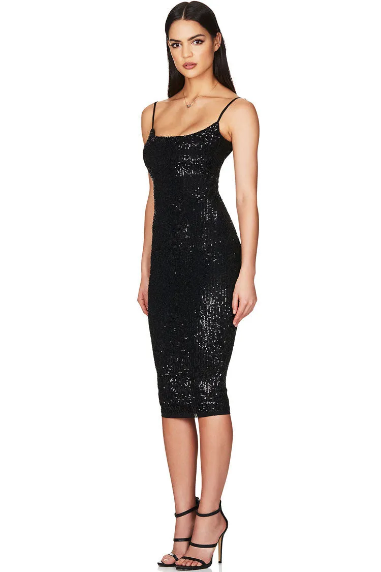 Amozae-Sparkly Sequin Scoop Neck Spaghetti Strap Cocktail Party Midi Dress - Black