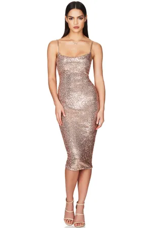 Amozae-Sparkly Sequin Scoop Neck Spaghetti Strap Cocktail Party Midi Dress - Champagne