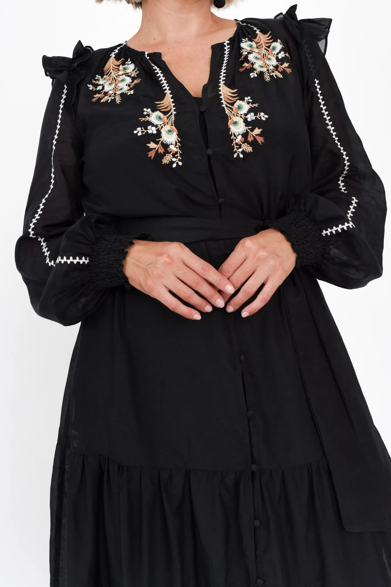 Aquila Black Embroidered Cotton Silk Dress