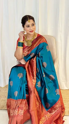 Artistic Rama Soft Banarasi Silk Saree With Moiety Blouse Piece