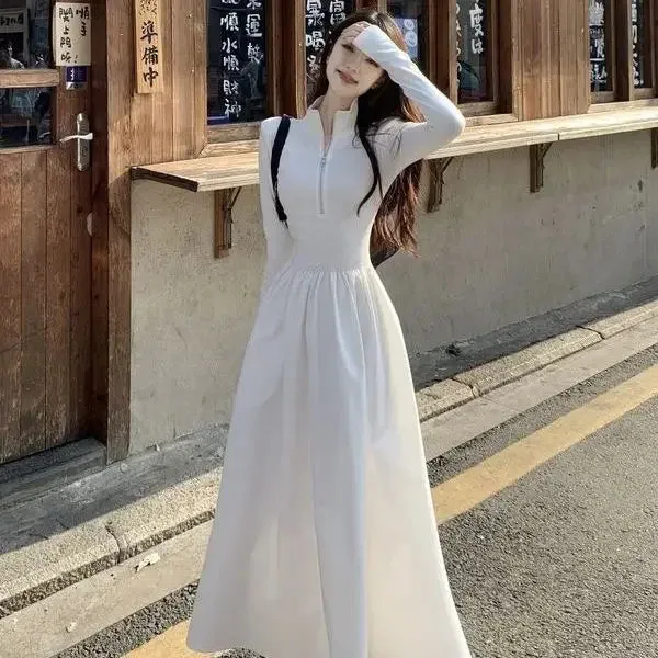 Autumn Korean Style Zip White Dress Women Kpop Wrap Long Sleeve Long Dresses Streetwear Solid Simple Ladies Chic