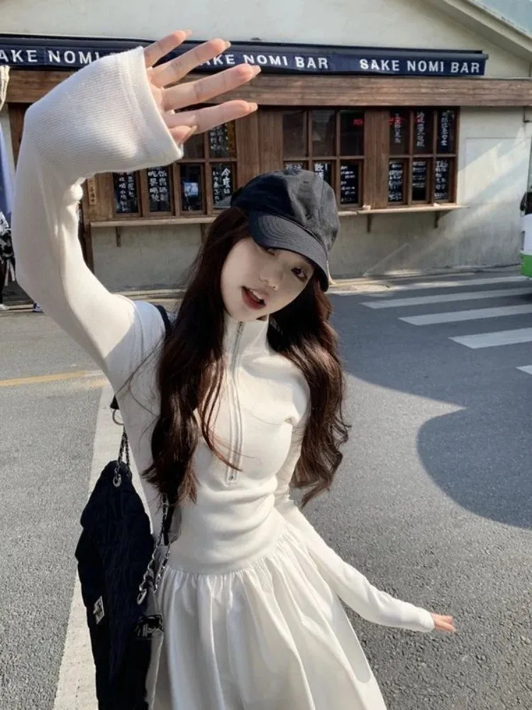 Autumn Korean Style Zip White Dress Women Kpop Wrap Long Sleeve Long Dresses Streetwear Solid Simple Ladies Chic