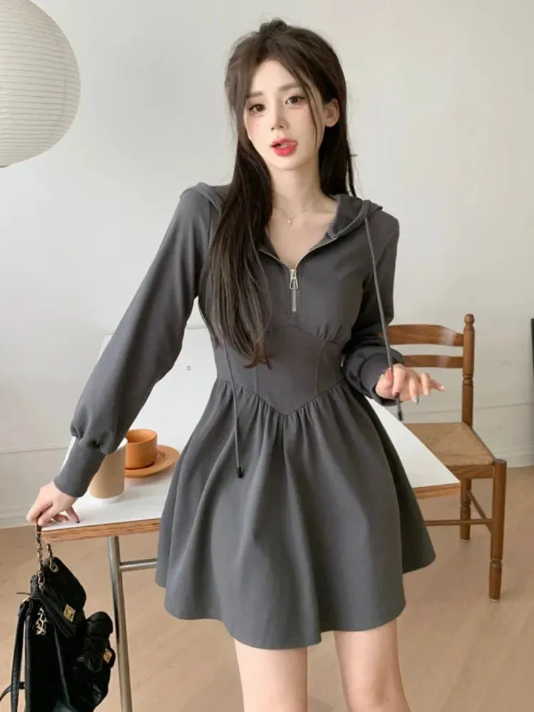 Autumn Korean Style Zipper Hooded Dress Women Kpop Wrap Long Sleeve Mini Short Dresses Fashion