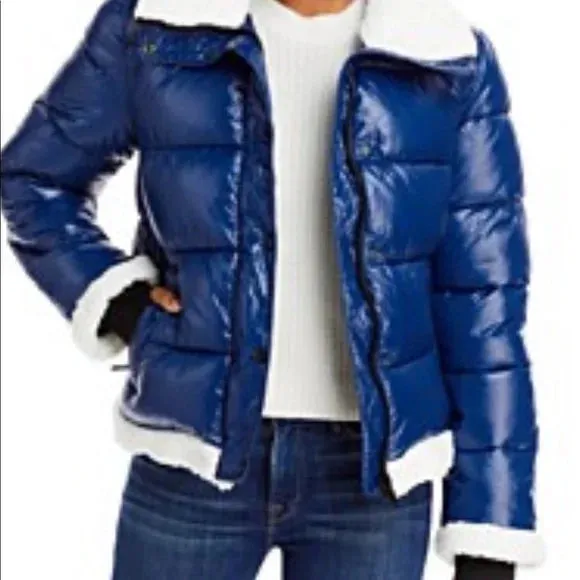 Avec Les Filles Shiny Cropped Sherpa Lined Puffer Coat Jacket in Blue, Size M