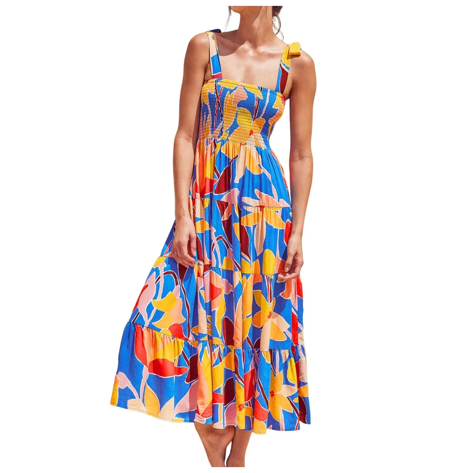 Backless Bohemian Floral Print Strap Slip Casual Summer Beach Midi Sleeveless Dress