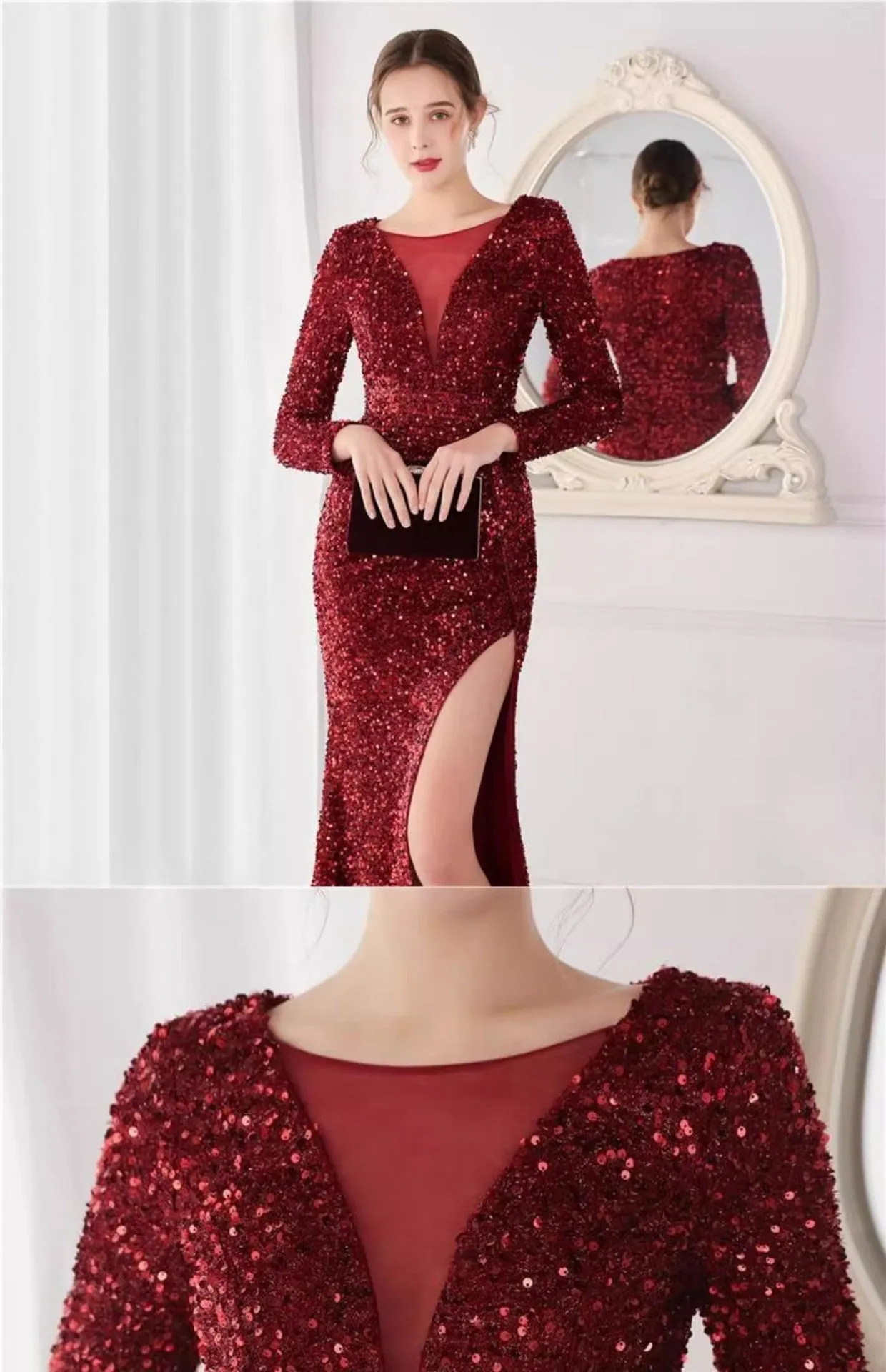 Banquet Host Dress Company Annual Meeting Red Carpet Evening Dress V-neck Long Sleeve Thin and Glittering Hem High Slit Long Dress for Women