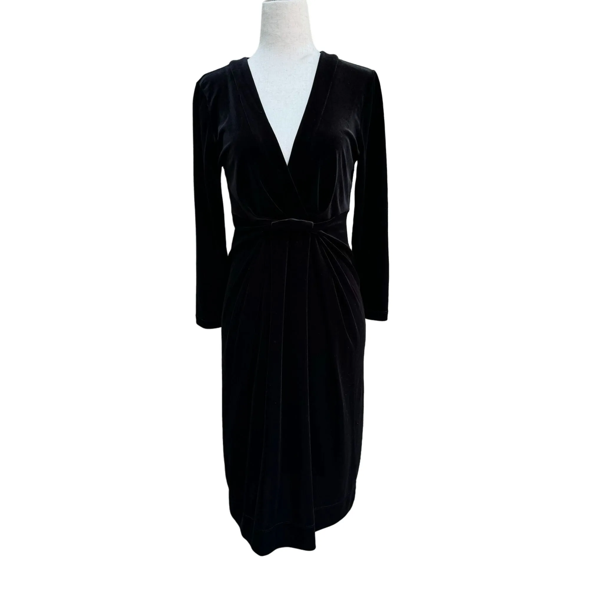 BCBG MAX AZRIA Womens Black Velvet Twist Wrap Waist Long Sleeve Midi Dress - S