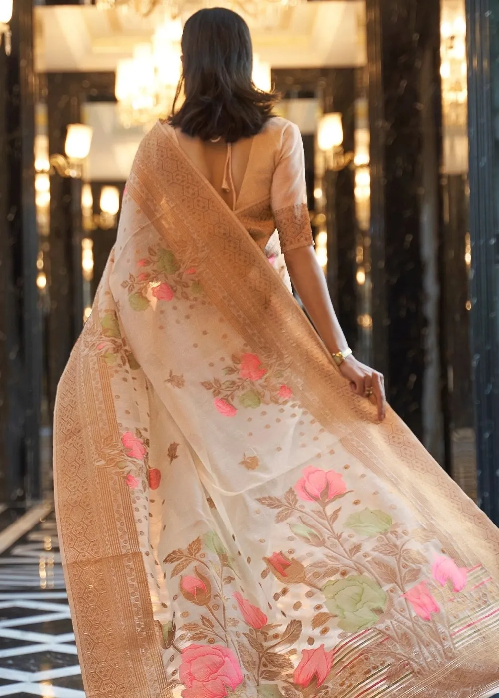 Beige Brown Zari Woven Linen Silk Saree