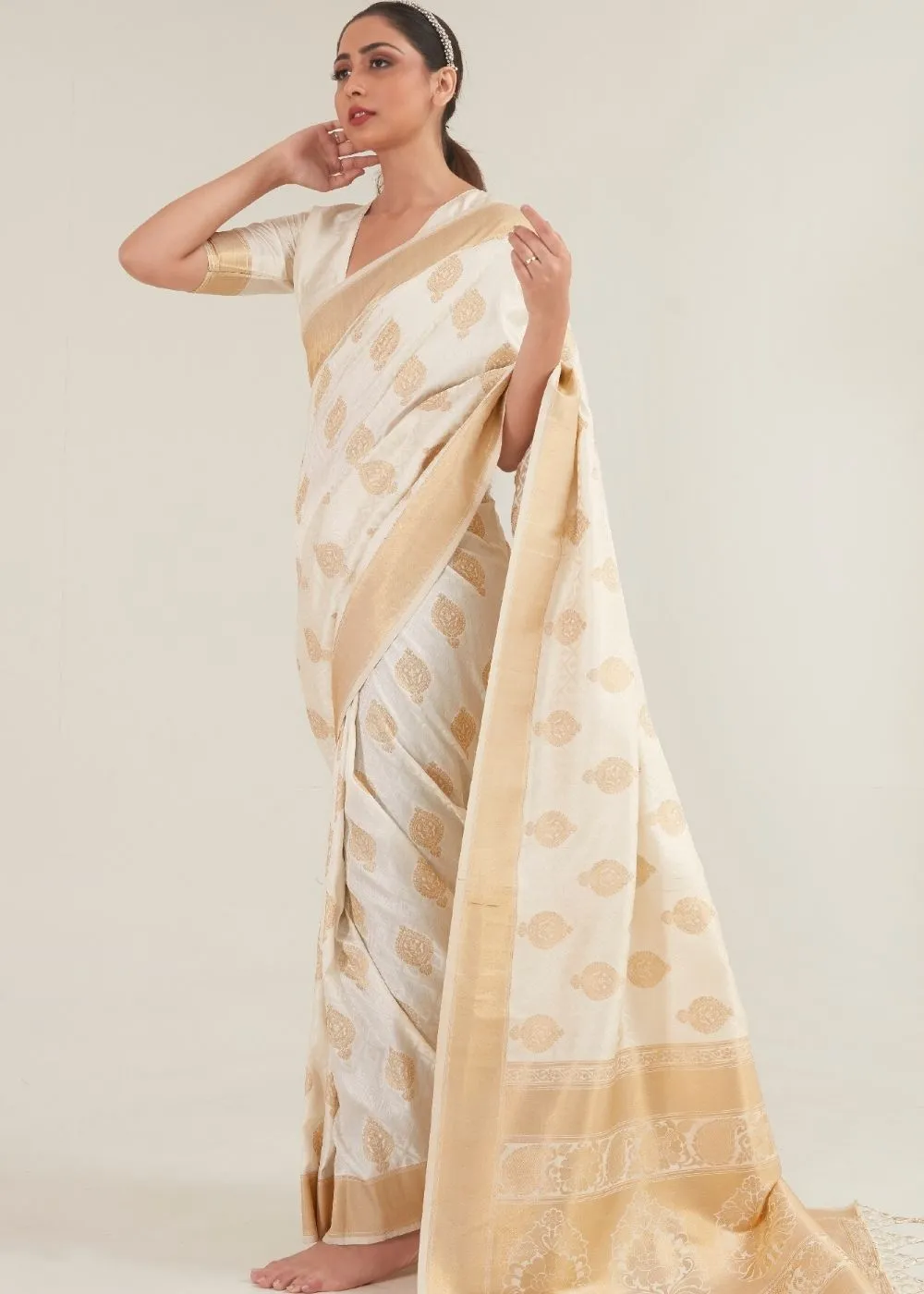 Beige White Zari Butta Woven Banasari Silk Saree