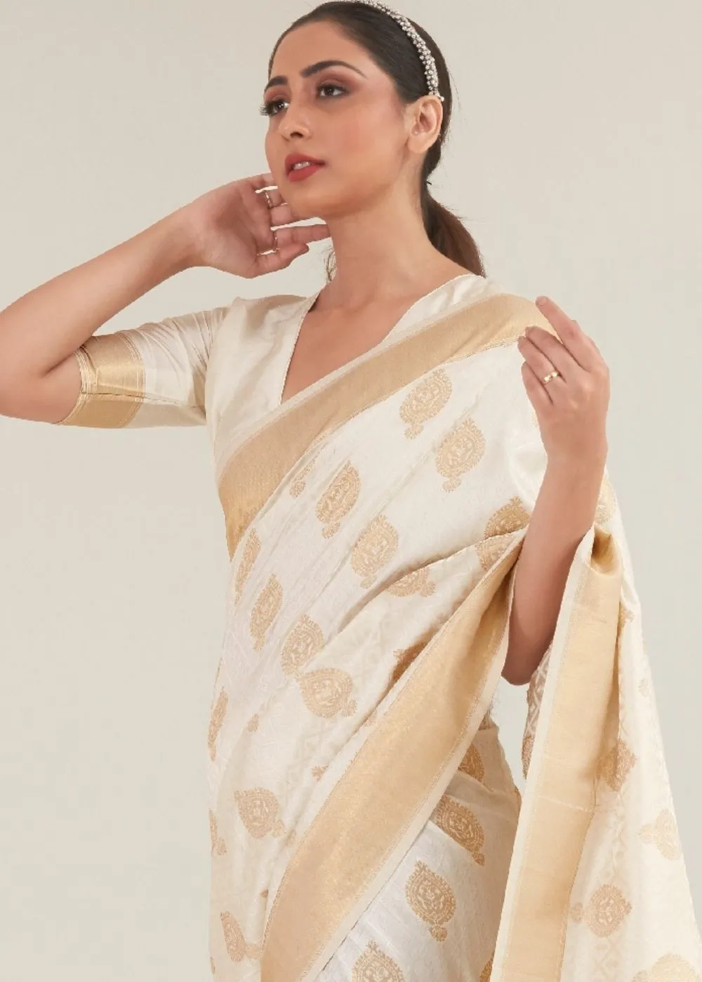 Beige White Zari Butta Woven Banasari Silk Saree