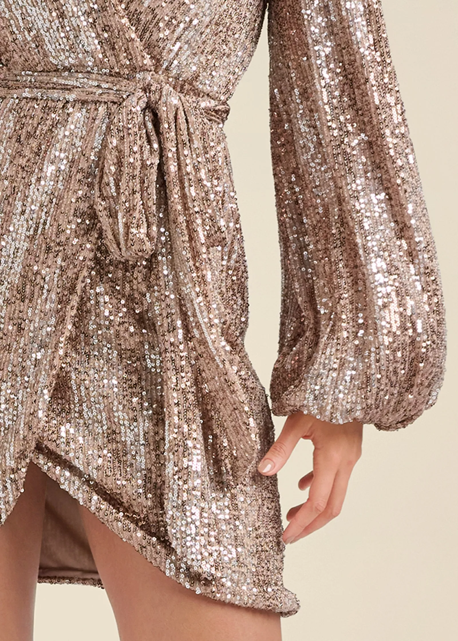 Belted Sequin Wrap Dress - Silver & Gold