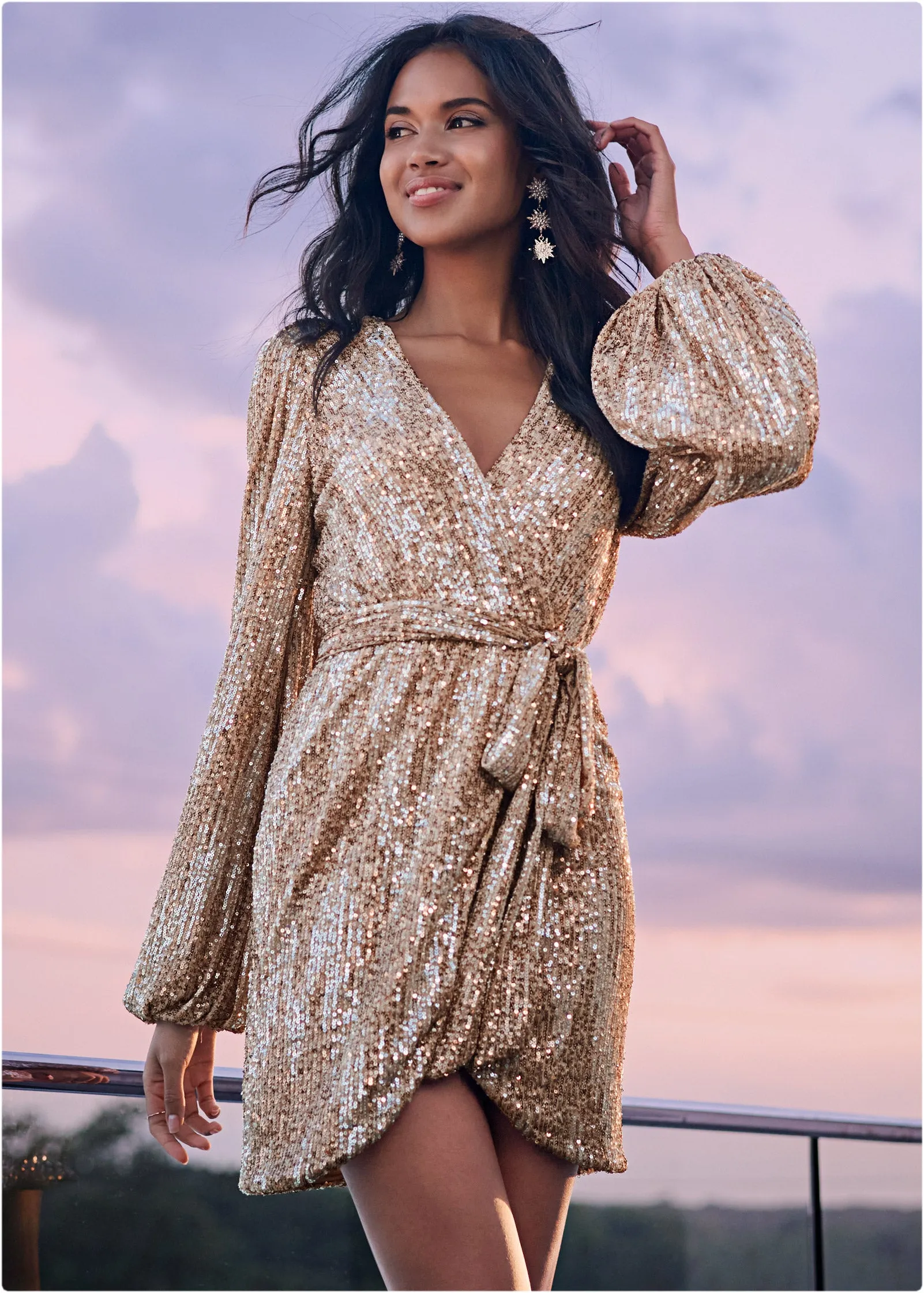 Belted Sequin Wrap Dress - Silver & Gold