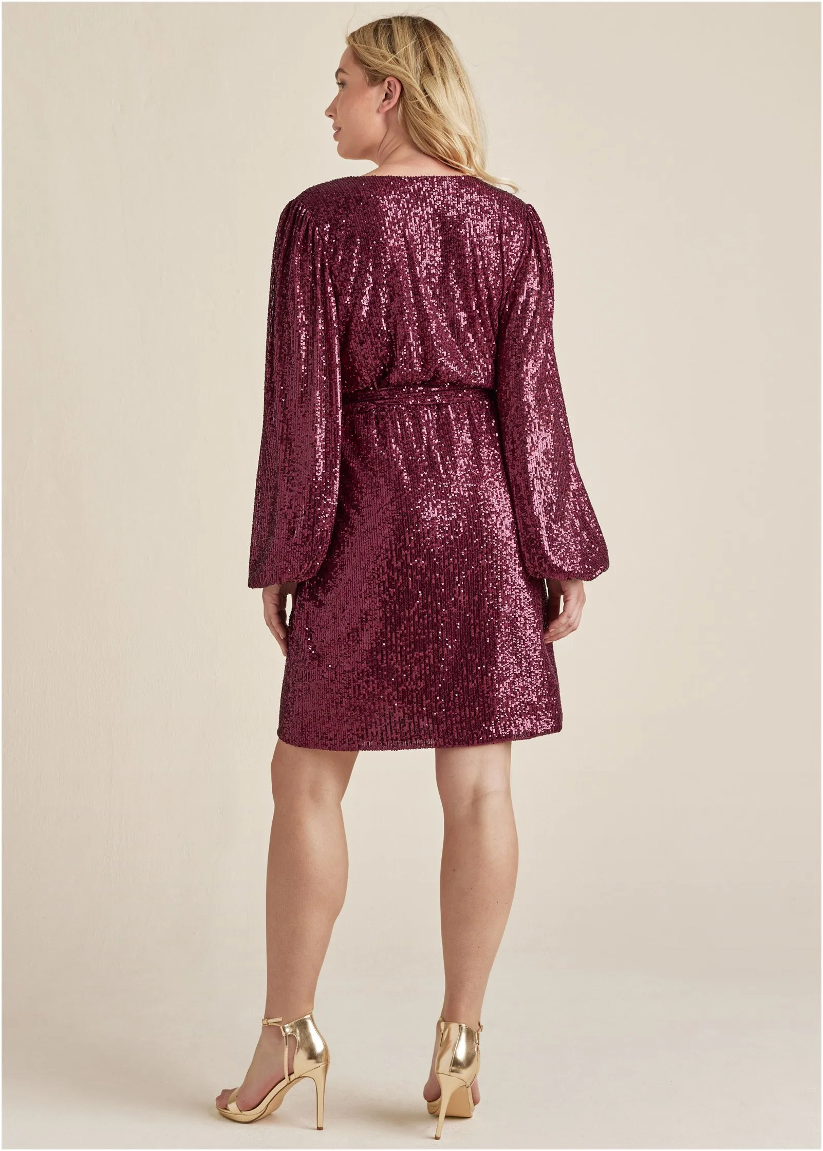 Belted Sequin Wrap Dress - Wine