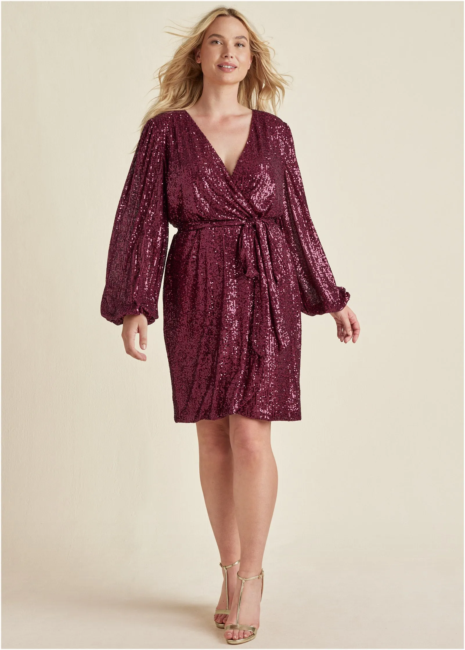 Belted Sequin Wrap Dress - Wine