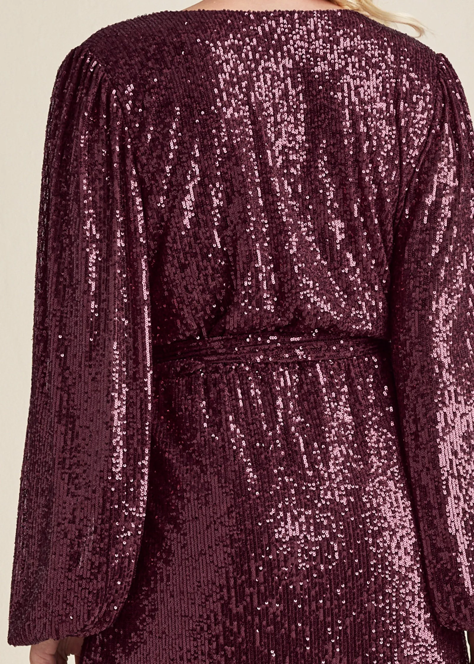 Belted Sequin Wrap Dress - Wine