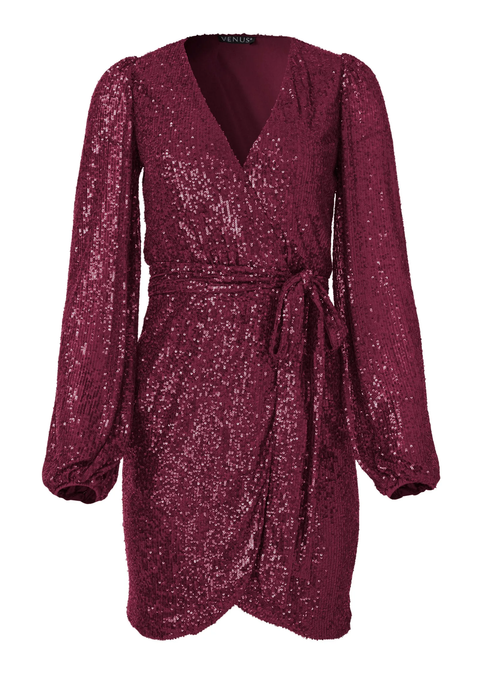 Belted Sequin Wrap Dress - Wine