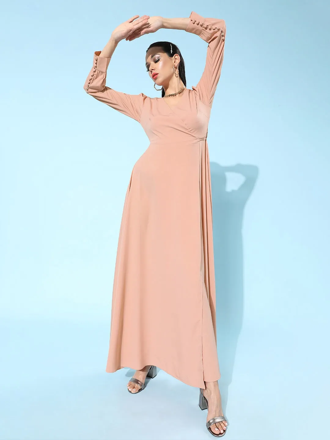 Berrylush Women Solid Pink V-Neck Waist Tie-Up Thigh-High Slit Flared Maxi Dress