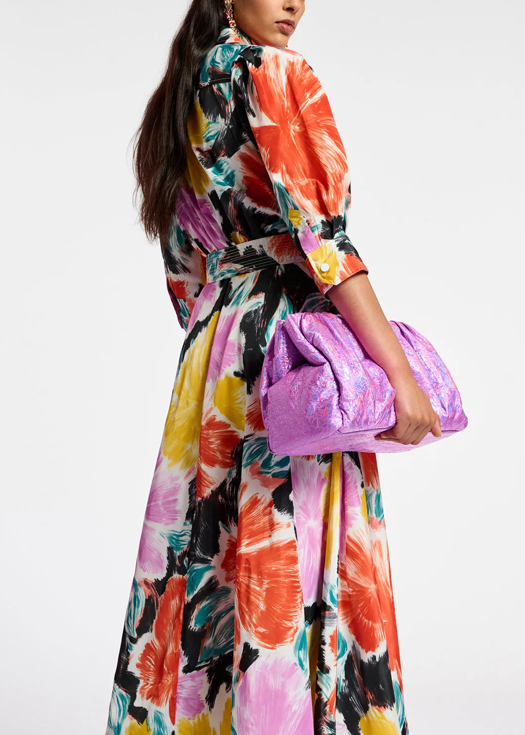 Black, orange and yellow floral print midi-length shirt dress