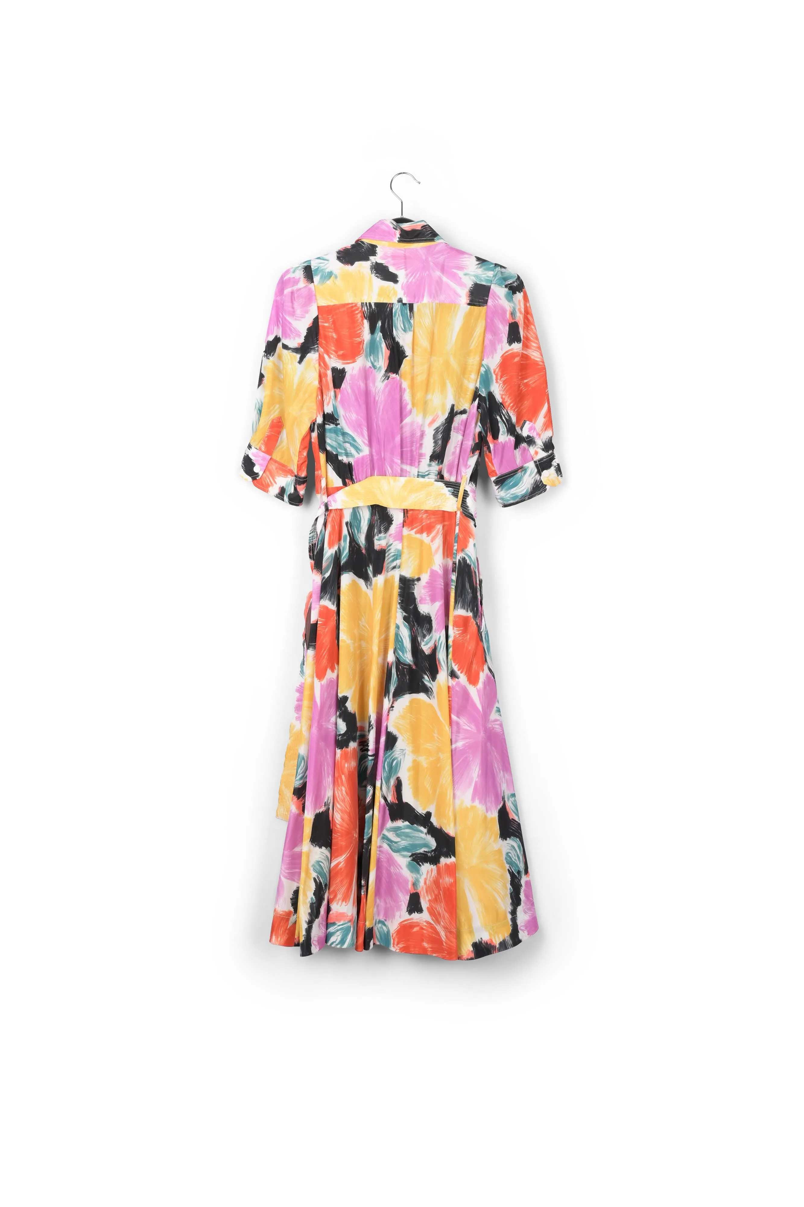 Black, orange and yellow floral print midi-length shirt dress