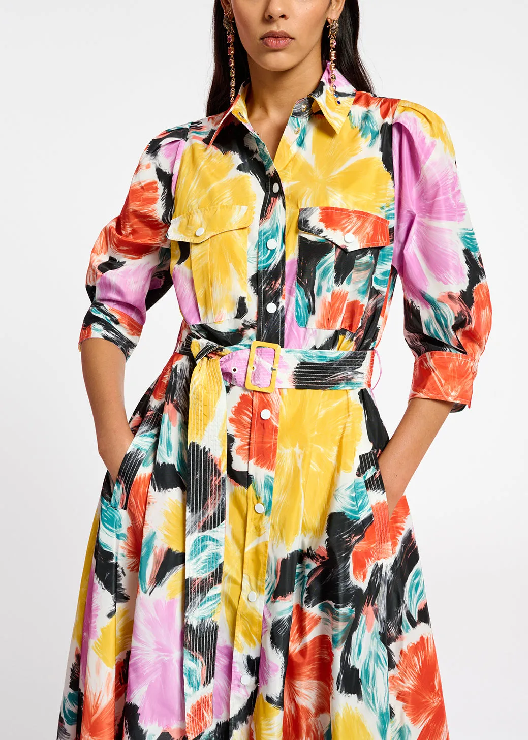 Black, orange and yellow floral print midi-length shirt dress