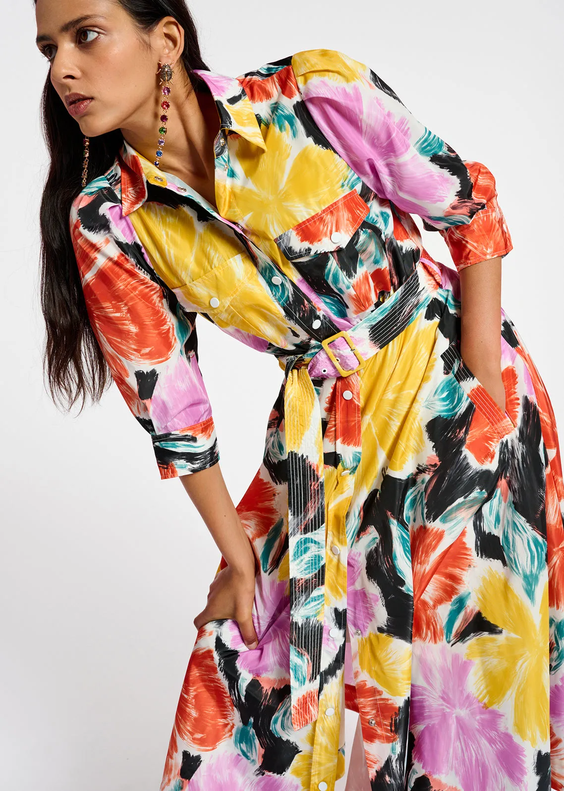 Black, orange and yellow floral print midi-length shirt dress