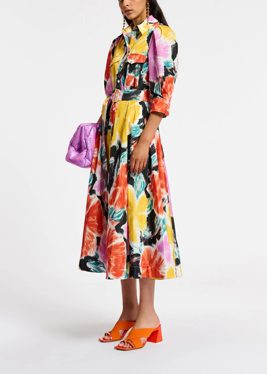 Black, orange and yellow floral print midi-length shirt dress