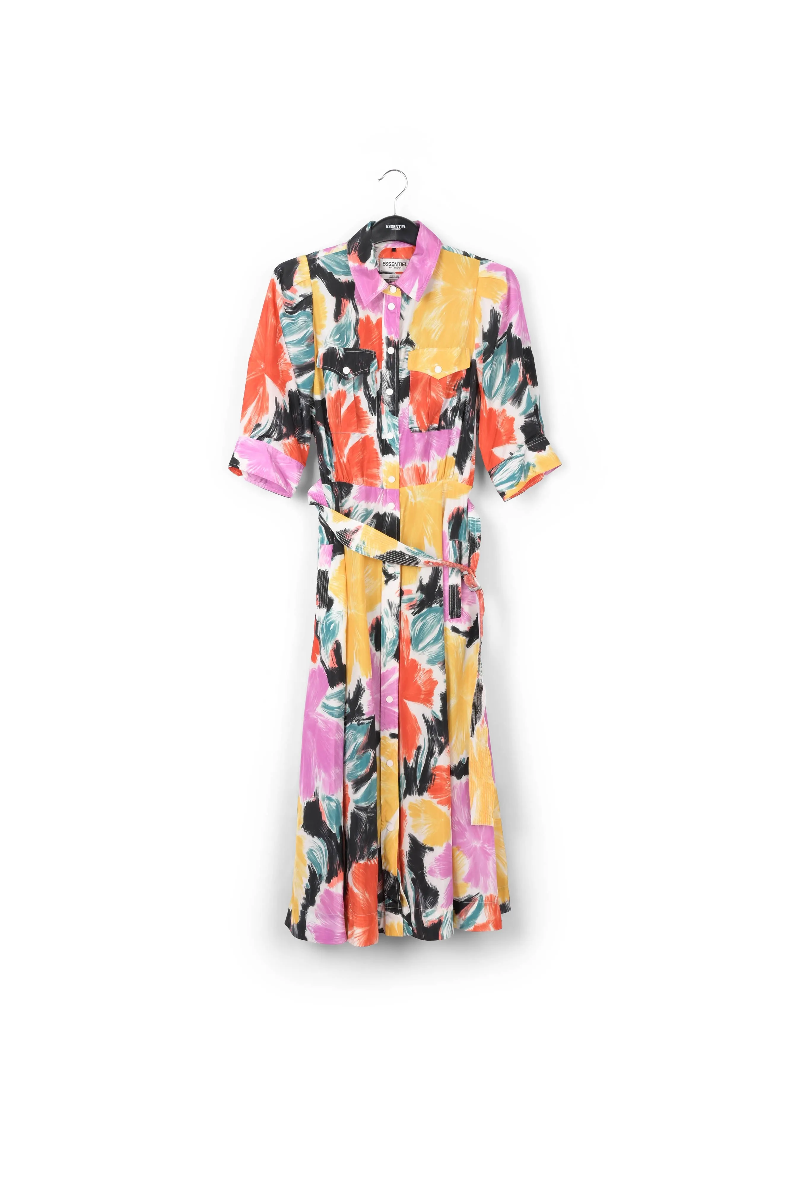 Black, orange and yellow floral print midi-length shirt dress