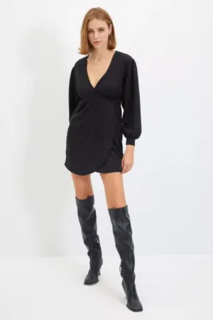 Black Plunge Neckline Full Sleeve Wrap Dress