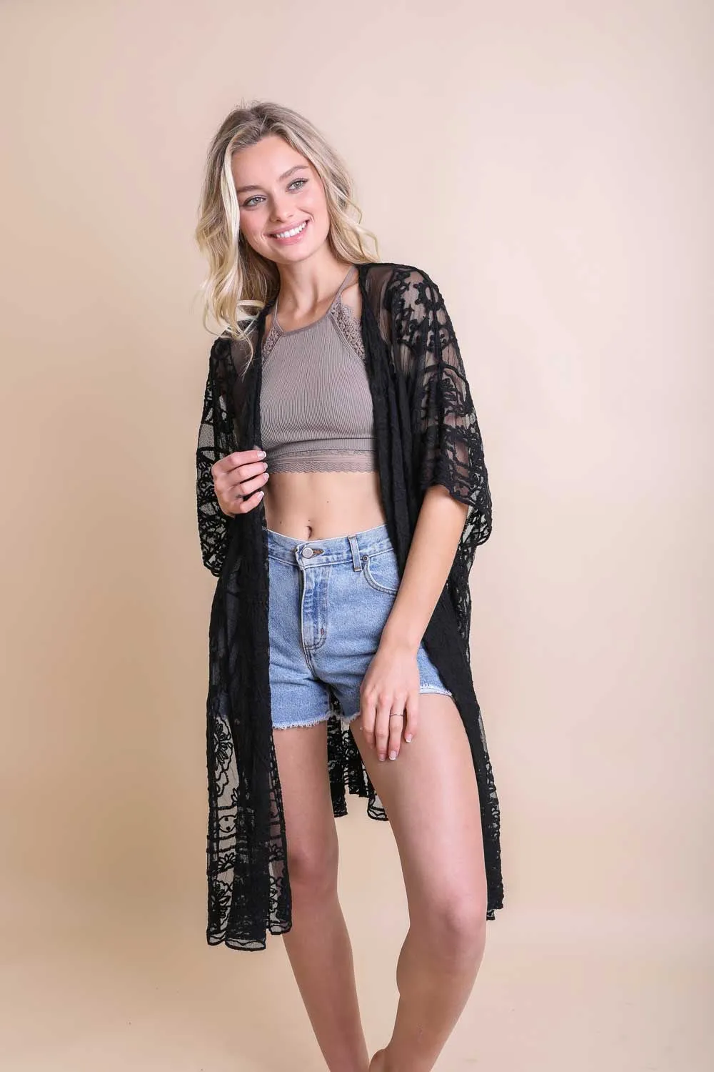 Black Sheer Floral Lace Mandala Embroidered Mesh Kimono Open Wrap Top Coverup