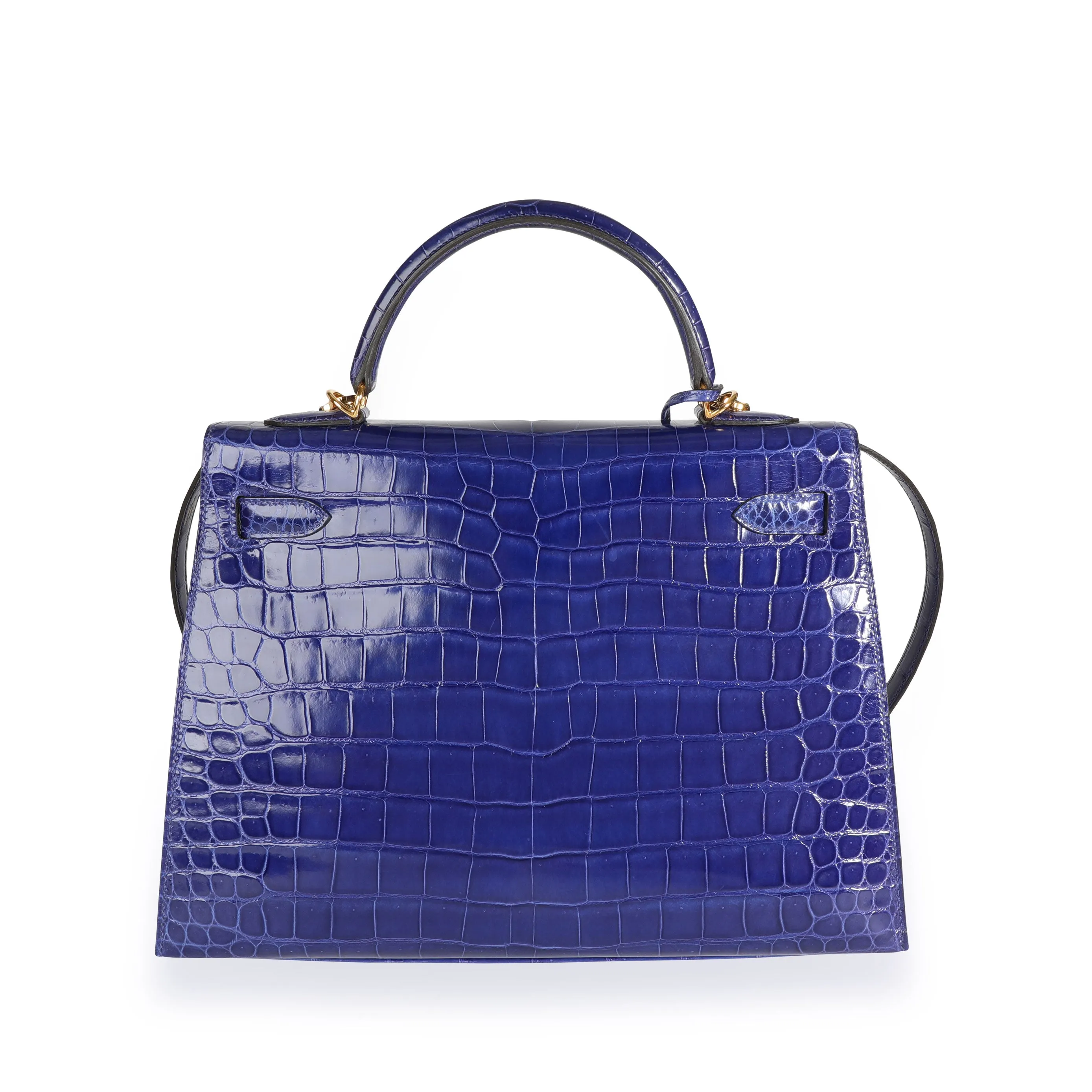 Bleu Électrique Shiny Porosus Crocodile Sellier Kelly 32 GHW