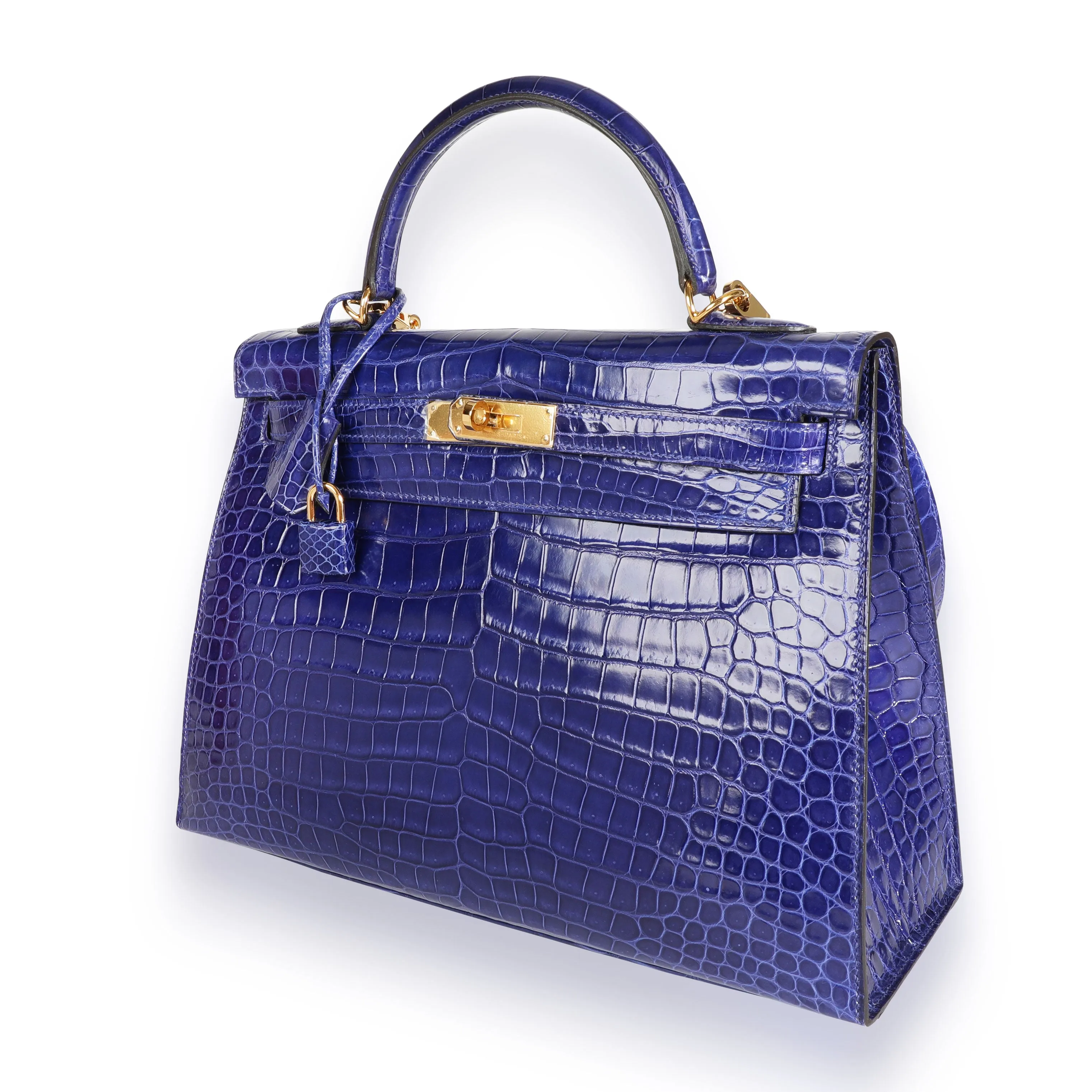 Bleu Électrique Shiny Porosus Crocodile Sellier Kelly 32 GHW