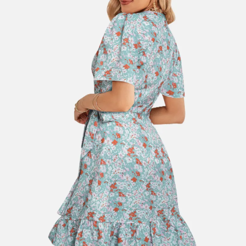 Blue Floral Wrap Dress with Belt Wrapped V Neck