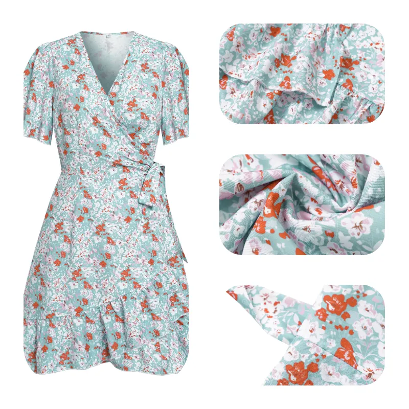 Blue Floral Wrap Dress with Belt Wrapped V Neck