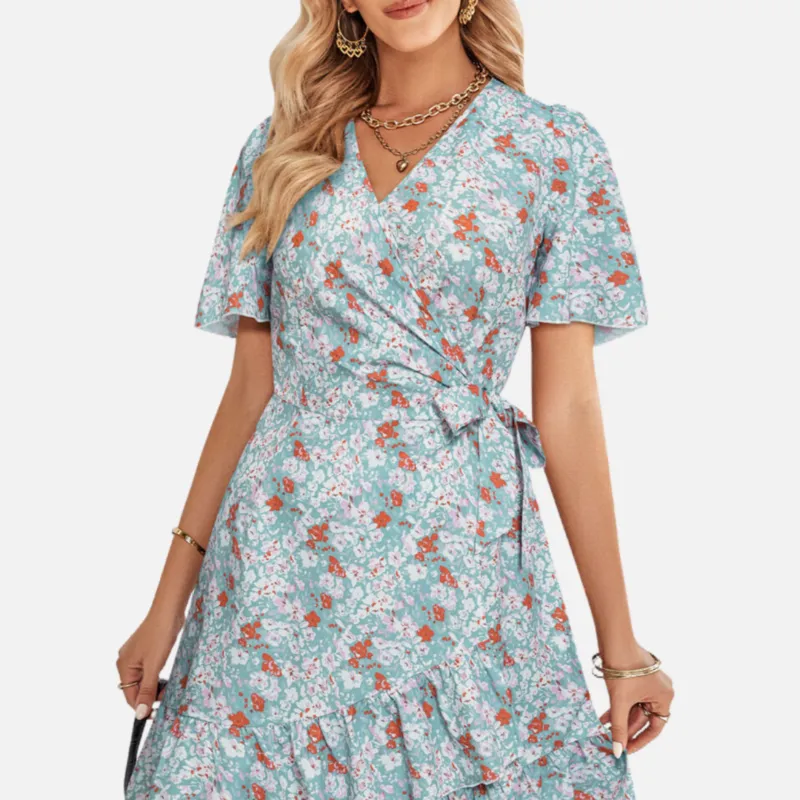 Blue Floral Wrap Dress with Belt Wrapped V Neck