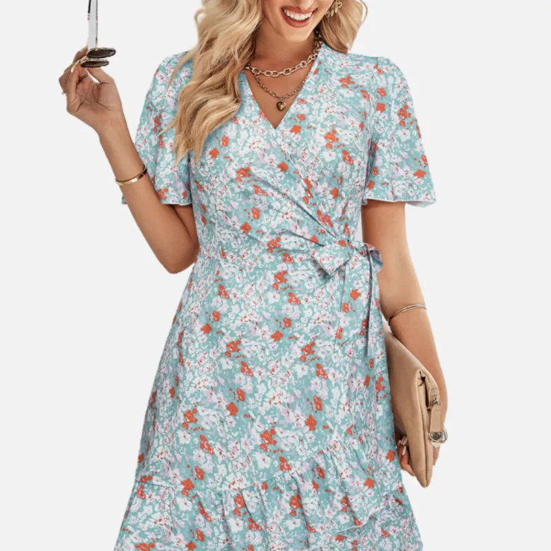 Blue Floral Wrap Dress with Belt Wrapped V Neck