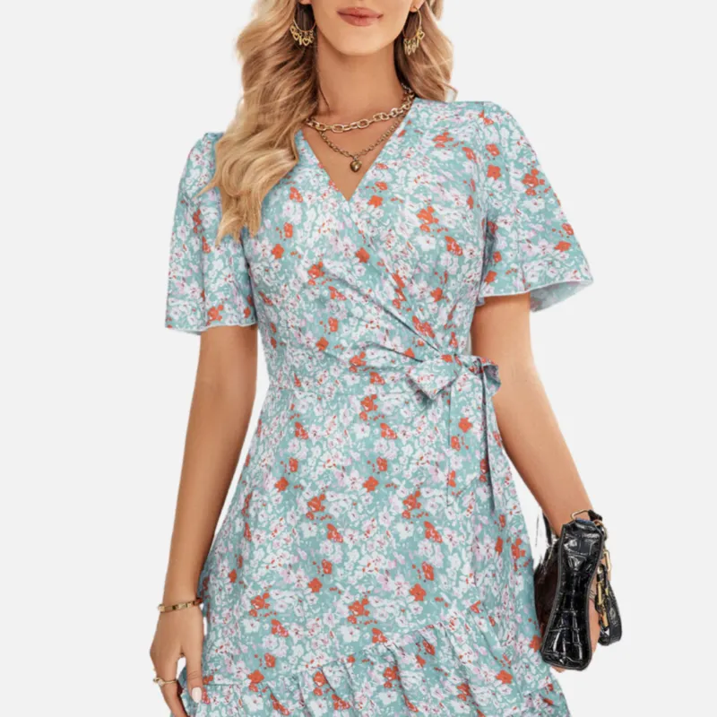 Blue Floral Wrap Dress with Belt Wrapped V Neck