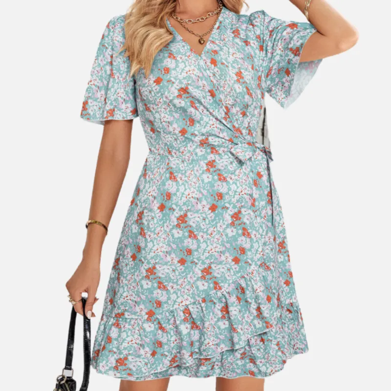 Blue Floral Wrap Dress with Belt Wrapped V Neck