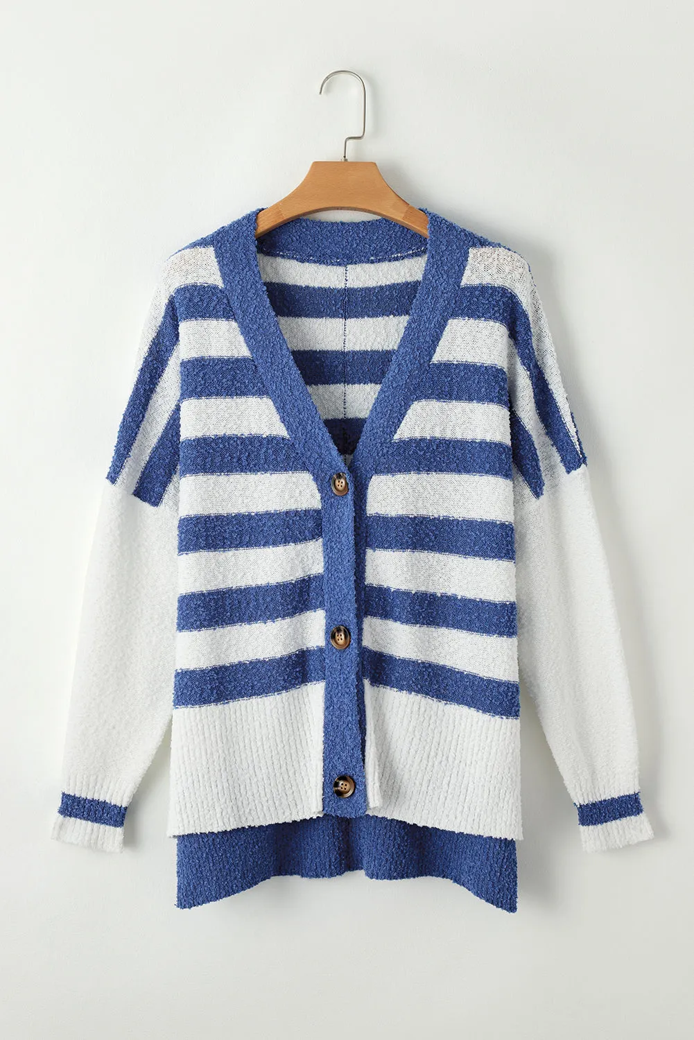 Blue Striped V Neck Buttoned High Low Cardigan Sweater