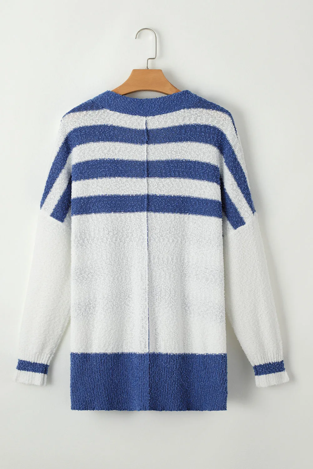 Blue Striped V Neck Buttoned High Low Cardigan Sweater