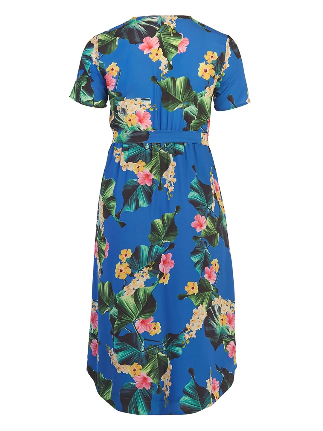 Blue Tropical Print Faux Wrap Dress