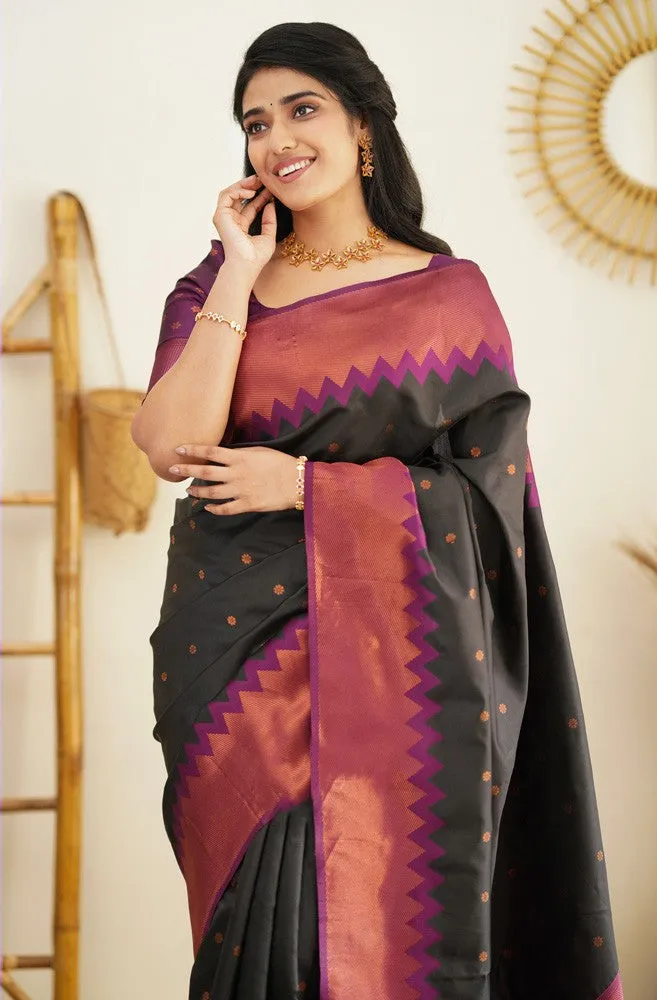 Breathtaking Black Soft Silk Saree with Glittering Blouse Piece