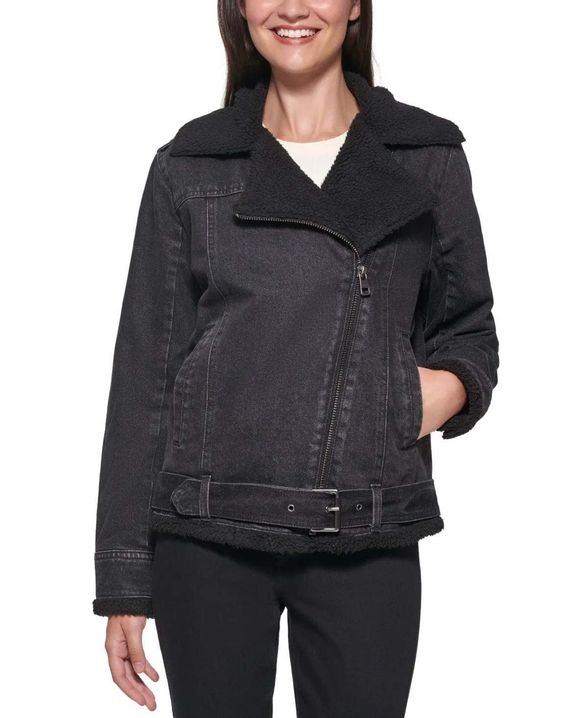 CALVIN KLEIN - Jeans Sherpa-Lined Denim Moto Jacket