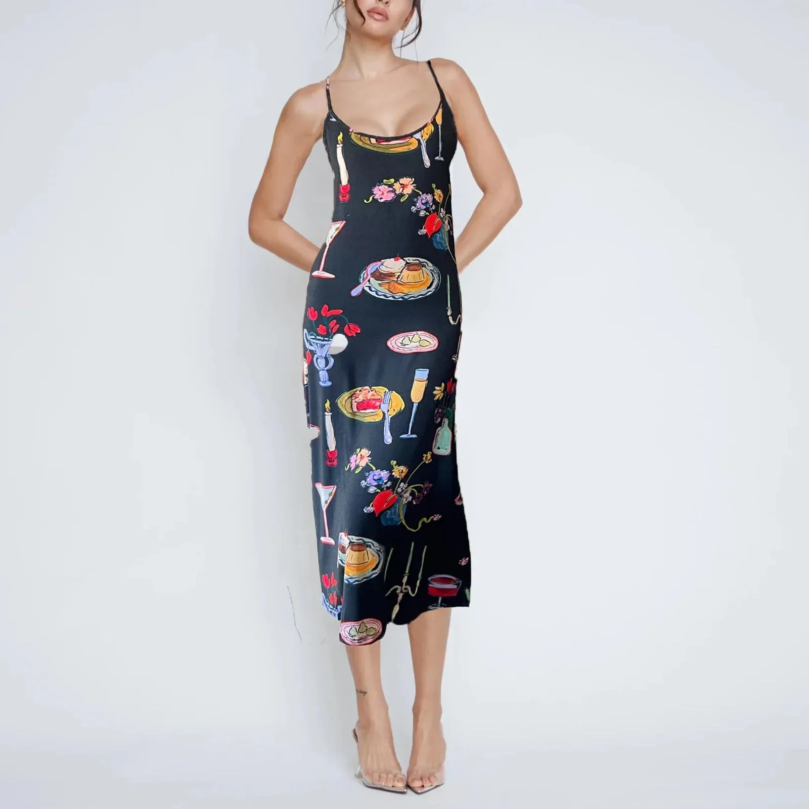 Cami Graphic Print Sleeveless Backless Slip Fashion Midi Bodycon Summer Vintage Dress