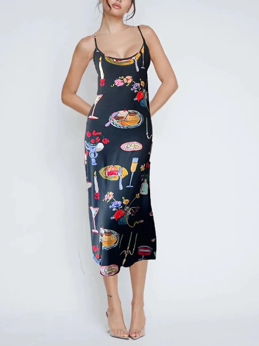 Cami Graphic Print Sleeveless Backless Slip Fashion Midi Bodycon Summer Vintage Dress