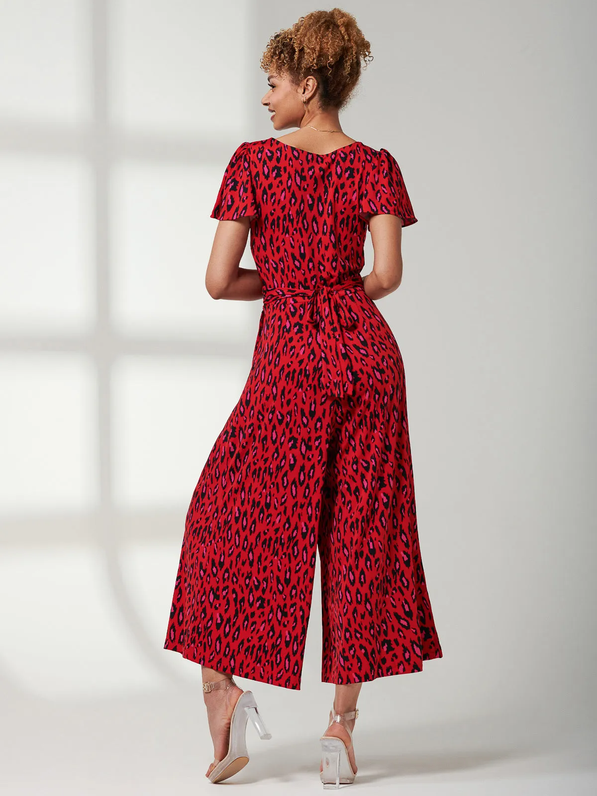 Cap Sleeve Culotte Jumpsuit, Red Animal