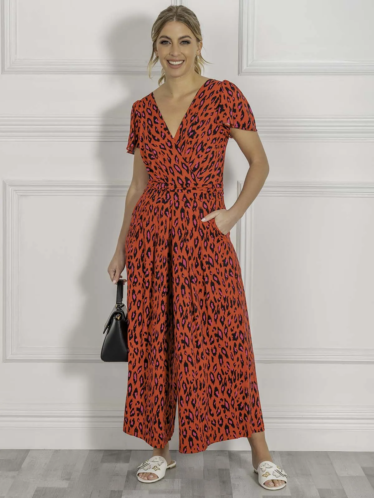 Cap Sleeve Culotte Jumpsuit, Red Animal