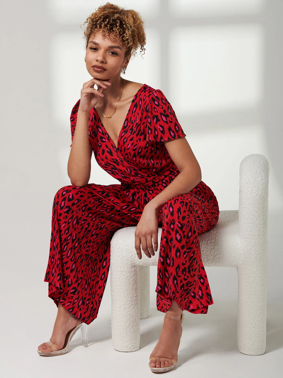 Cap Sleeve Culotte Jumpsuit, Red Animal